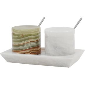 Radicaln Marble Salt Cellar With Lid & Tray Set of 2 White & Marinara Handmade Salt & Spice Containers For Kitchen Storage - Salt And Pepper Bowls For Seasoning Containers - Sugar Bowl
