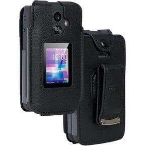 Case for TCL Flip 3 Phone, Nakedcellphone [Black Vegan Leather] Form-Fit Cover [Built-in Screen Protection] and [Metal Belt Clip] for T435 (2024)