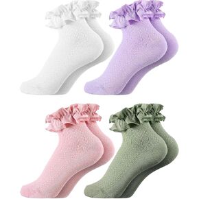 4 Pairs Double Ruffle Lace Trim Cotton Socks Frilly Dress Socks Stylish Candy Colored Girls Lace Socks for Kids (7-12 Years)