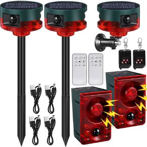 Qualirey 4 Pack Solar Outdoor Motion Sensor Alarm in 2 130db Loud Noise Maker Support Recording Adjustable Volume Strobe Light Multiple Mode with Remote Control and USB Charging Cable