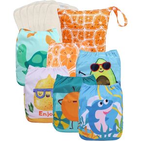 ALVABABY 2.0 AWJ Lining Cloth Diaper with Tummy Panel for Babies,6 Pack Diapers and 6 Inserts with One Wet Dry Bag, Adjustable Washable Reusable for Baby Girls and Boys 6WJT01A-L