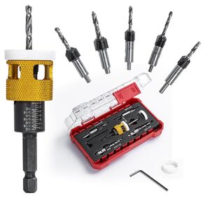 5 Pcs Hex Shank Countersink Drill Bit Set with Low Friction Depth Stop, 1/8" 9/64" 5/32" Drill+3/8" 82° Counter-Bore,11/64" 3/16" Drill+ 1/2" 82° Counter Bore,HSS M2 Tapered Bits (Yellow)