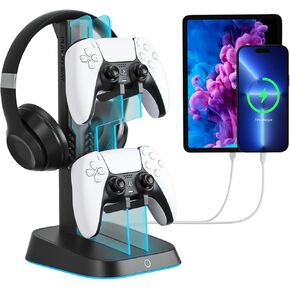 6 RGB Lights Gaming Headphone Stand Controller Holder Headset Holder for Desk Acrylic Earphone Stand Controller Stand Gaming Accessories for PS4 PS5 Controller Xbox ONE