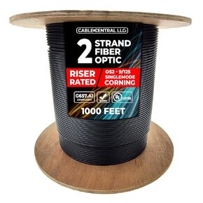 6 Strand Indoor/Outdoor Fiber Optic Cable, OS2 9/125 Singlemode, Corning, Black, Riser Rated, Spool, 1000 Feet