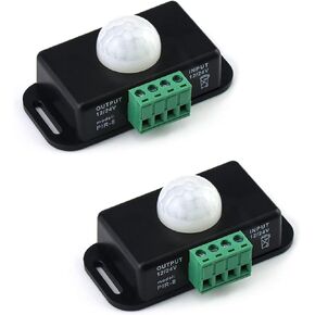 QWORK Motion Sensor LED Switch (2 Pack), 12-24V, 6A, Adjustable Delay Time, 5-8M Induction Distance, 60° Field of View, For LED Strip Lighting, Wall Mount, White/Black