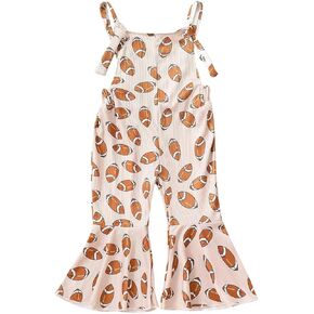 Baby Girl Toddler Ribbed Football Game Day Bell Bottom Overalls Knot Strap Kids One Piece Jumpsuit Romper