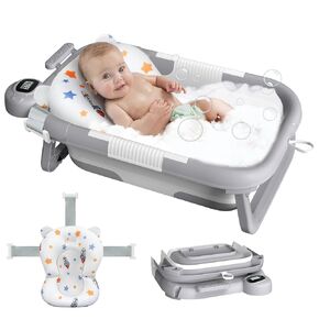 Space X Collapsible Baby Bathtub, Baby Bath Tub for Newborn to Toddler with Floating Cushion for Bath Support, Portable Baby Tub for Infants with Temp Monitor, 0-36 Months Baby Bath Essentials, Pink