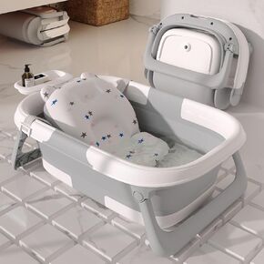 Collapsible Baby Bathtub for Infants to Toddler with Real-time Temp Monitor+Floating Cushion,Foldable Baby Bath Tub Set Applicable 0-36 Month,Portable Travel Baby Tub for Newborns Boy in Saudi Arabia