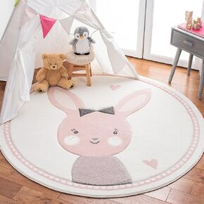 SAFAVIEH Carousel Kids Collection 5'3" Round Ivory/Pink CRK166A Bunny Non-Shedding Playroom Nursery Bedroom Area Rug