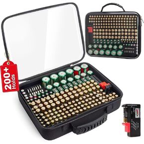 Battery Organizer Storage Case with Tester,Stores & Protects Up to 200+ Batteries, Clear Cover with Easy Carry Handle, Garage Gadget Organization Holds AA AAA C D 9V