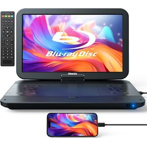 17.6" Portable Blu Ray DVD Player with 15.4" Screen, HDMI Input/Output, Sync Screen, 5 Hours Playing Time, 1080P MP4 MKV Video, Surround Audio, USB SD