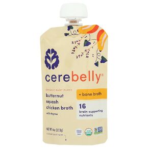 Cerebelly Baby Food Pouches – Butternut Squash with Chicken Bone Broth (4 oz, Pack of 1) - Healthy Kids Snacks - Veggie Purees - 16 Brain-supporting Nutrients from Superfoods, No Added Sugar