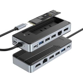 Yottamaster USB C Hub with 4TB M.2 NVMe SSD Enclosure, 8 Ports USB C HUB Adapter 10Gbps USB 3.2 Gen2, 4K@60Hz HDMI, 100W PD, Ethernet for Windows, Mac [Diskless] - YM28PR