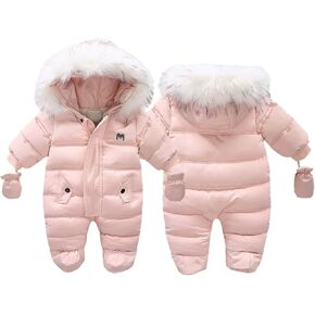 Baby Boys Girls Snowsuit with Gloves Toddler Winter Hooded Footie Infant Warm Jumpsuit Outerwer Thick Newborn Coat