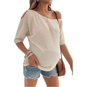 SHENHE Women's Maternity Asymmetrical Neck Cold Shoulder Half Sleeve Knitted T Shirts