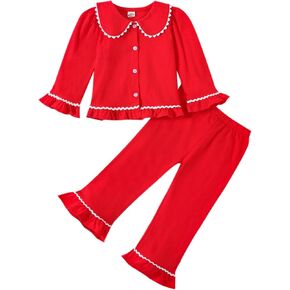 BULINGNA Kids Toddler Baby Girl Two Piece Pajamas Set Ruffle Button Down Pajama Shirt Pants Sleepwear Loungwear Pjs Set