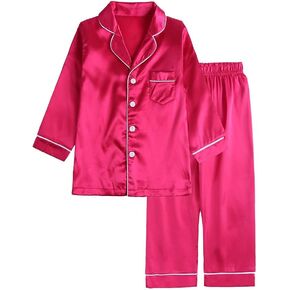 KISBINI Girls Satin Pajamas Button-Down Silk Pajamas for Girls 2 Pieces Sleepwear PJS Set for Kids 1-13 Years