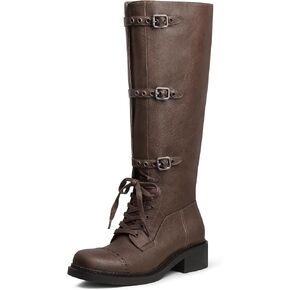 MUCCCUTE Knee High Boots Women Square Toe Low Chunky Heel Boots Riding Boots Motorcycle Buckle Boots