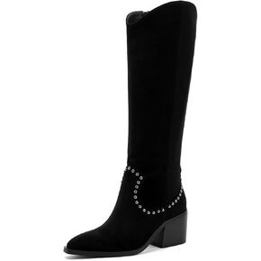GOSERCE Suede Knee High Boots for Women Pointed Toe Chunky Heel Tall Fall Boots Side Zipper with stud Details Black
