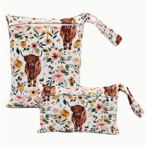 2pc Highland Cow and Flower Print Wet Bag Diaper Bag Makeup Bag Swimsuit Bag Cosmetic Bag