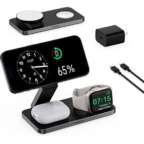 3 in 1 Wireless Charging Station for Apple Devices, Foldable Magnetic MagSafe Charger Stand for iPhone 16/15/14/13/12 Series, Apple Watch, and AirPods (Black)