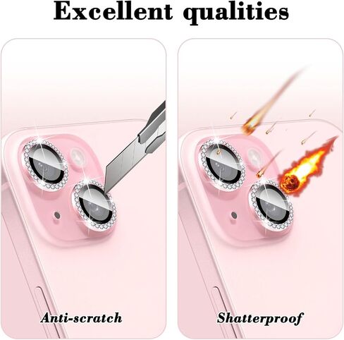 واقي عدسة الكاميرا Kucheed Diamond لهاتف iPhone 15/iPhone 15 Plus، غطاء كاميرا من الزجاج المقوى اللامع، حلقات معدنية فردية بمحاذاة تلقائية، ملصقات فيلم غطاء عدسة الكاميرا اللامعة in Kuwait