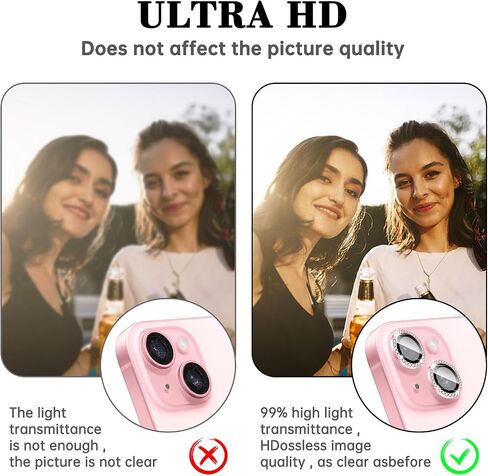واقي عدسة الكاميرا Kucheed Diamond لهاتف iPhone 15/iPhone 15 Plus، غطاء كاميرا من الزجاج المقوى اللامع، حلقات معدنية فردية بمحاذاة تلقائية، ملصقات فيلم غطاء عدسة الكاميرا اللامعة in Kuwait