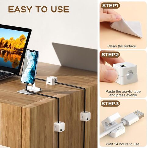 6 Pack Magnetic Cable Clips • Cord Holder Under Desk • Cable Management for Home Office Desk • Phone • Car • Wall • Desktop • Nightstand • Premium Cable Holder (White) in Saudi Arabia
