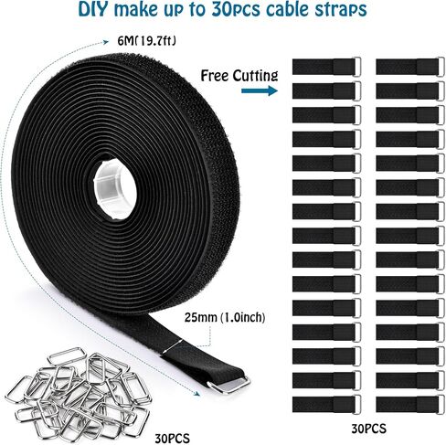 1"x19.7ft Hook and Loop Straps with 30 Buckles Adjustable Cut-to-Length Cable Ties - Reusable Nylon Fastening Tape Cable Straps for Storage or Organization (1in x 19.7ft) in Kuwait