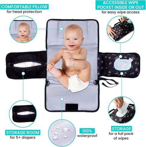 Baby Changing Pad with Shoulder Strap - Diaper Changing Mat with Built in Head Pillow and Large Pockets - Fully Padded Portable Changing Pad Perfect as Travel Diaper Changing Station for Newborns in Saudi Arabia
