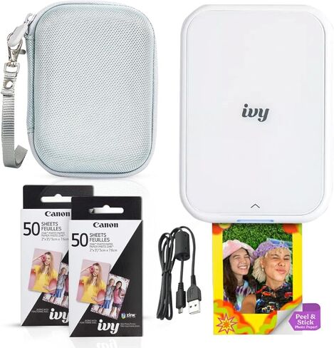 طابعة صور Canon Ivy 2 Mini (أبيض نقي) - بلوتوث، طباعة من أجهزة iOS وAndroid، تتضمن 110 مطبوعة Zink Sticky-Back، وشريط إضاءة LED، وحقيبة واقية، وكابل USB in Kuwait