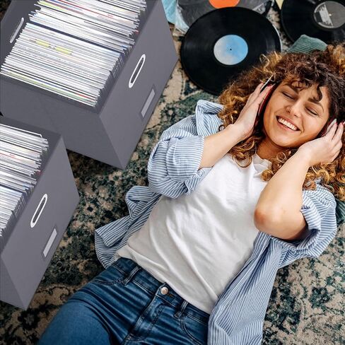 Vinyl Record Storage Box, Vinyl Record Case Set of 2, Stackable Vinyl Storage Box, Record Crate Hold Up To 100-Records (Advanced Flax Fabric, Black) in Saudi Arabia