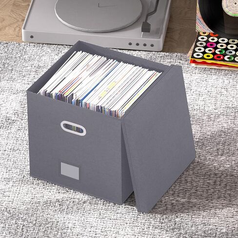 Vinyl Record Storage Box, Vinyl Record Case Set of 2, Stackable Vinyl Storage Box, Record Crate Hold Up To 100-Records (Advanced Flax Fabric, Black) in Saudi Arabia