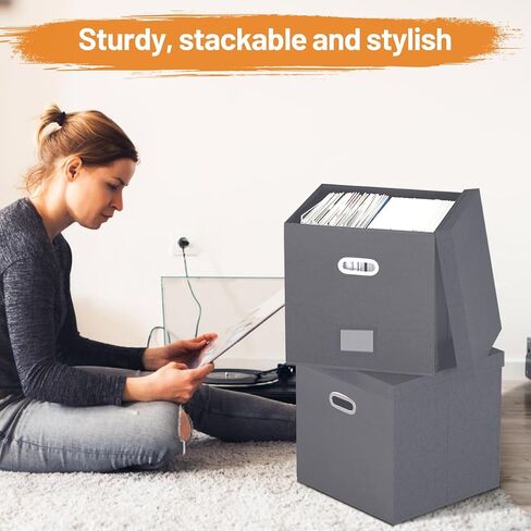 Vinyl Record Storage Box, Vinyl Record Case Set of 2, Stackable Vinyl Storage Box, Record Crate Hold Up To 100-Records (Advanced Flax Fabric, Black) in Saudi Arabia