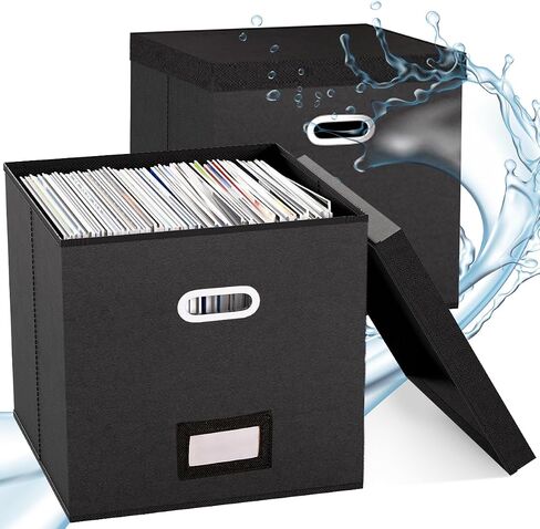 Vinyl Record Storage Box, Vinyl Record Case Set of 2, Stackable Vinyl Storage Box, Record Crate Hold Up To 100-Records (Advanced Flax Fabric, Black) in Saudi Arabia