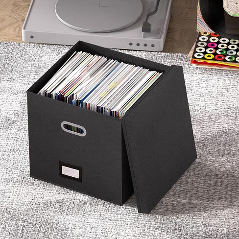 Vinyl Record Storage Box, Vinyl Record Case Set of 2, Stackable Vinyl Storage Box, Record Crate Hold Up To 100-Records (Advanced Flax Fabric, Black) in Saudi Arabia