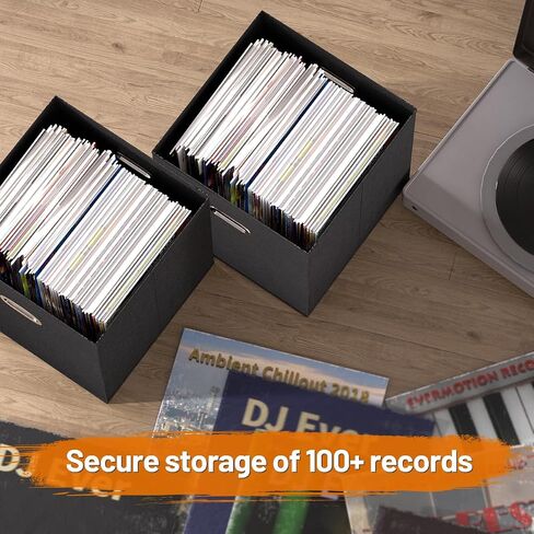 Vinyl Record Storage Box, Vinyl Record Case Set of 2, Stackable Vinyl Storage Box, Record Crate Hold Up To 100-Records (Advanced Flax Fabric, Black) in Saudi Arabia