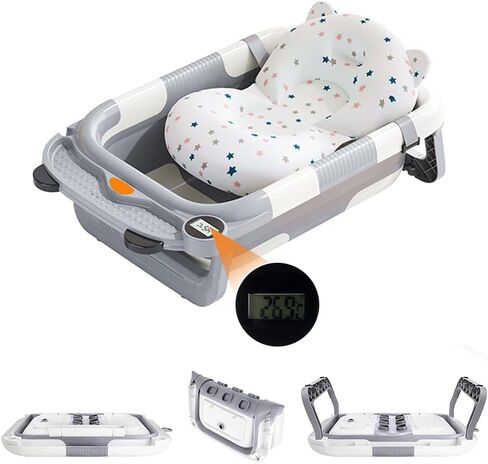 Collapsible Baby Bathtub for Babies and Toddlers Aged 0-36 Months Portable Baby Bathtub with Thermometer and Soft Pad Foldable Newborn Bathtub with Drainage Function,Perfect for Travel and Home-Gray in Saudi Arabia