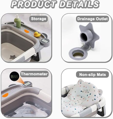 Collapsible Baby Bathtub for Babies and Toddlers Aged 0-36 Months Portable Baby Bathtub with Thermometer and Soft Pad Foldable Newborn Bathtub with Drainage Function,Perfect for Travel and Home-Gray in Saudi Arabia