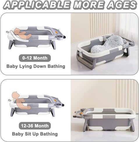 Collapsible Baby Bathtub for Babies and Toddlers Aged 0-36 Months Portable Baby Bathtub with Thermometer and Soft Pad Foldable Newborn Bathtub with Drainage Function,Perfect for Travel and Home-Gray in Saudi Arabia