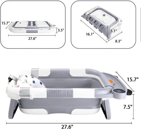 Collapsible Baby Bathtub for Babies and Toddlers Aged 0-36 Months Portable Baby Bathtub with Thermometer and Soft Pad Foldable Newborn Bathtub with Drainage Function,Perfect for Travel and Home-Gray in Saudi Arabia
