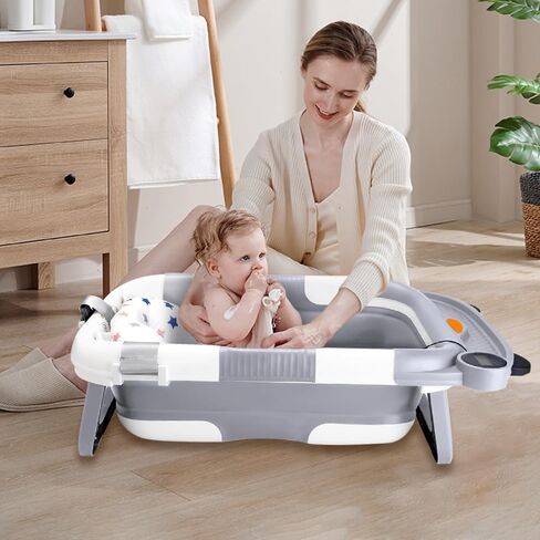 Collapsible Baby Bathtub for Babies and Toddlers Aged 0-36 Months Portable Baby Bathtub with Thermometer and Soft Pad Foldable Newborn Bathtub with Drainage Function,Perfect for Travel and Home-Gray in Saudi Arabia
