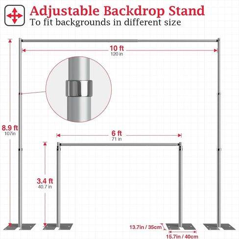 EMART Pipe and Drape Backdrop Stand Kit, 12ftx10ft Heavy Duty Adjustable Photo Background, Metal Frame with Flat Base for Wedding, Birthday Party, Banquet Decorations, Black in Kuwait