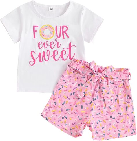 Omkzanbi طفل فتاة عيد ميلاد الزي 2nd/3rd/4th/5th الحلو دونات التطريز قمصان رش السراويل 2-5Y الهدايا كعكة سحق مجموعة in Kuwait