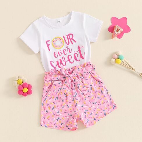 Omkzanbi طفل فتاة عيد ميلاد الزي 2nd/3rd/4th/5th الحلو دونات التطريز قمصان رش السراويل 2-5Y الهدايا كعكة سحق مجموعة in Kuwait