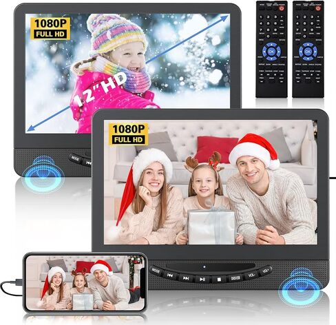 مشغل DVD محمول مزدوج مقاس 12 بوصة للسيارة مع مدخل HDMI 1080P، مشغل DVD للسيارة FELEMAN بشاشة مزدوجة يشغل نفس أو فيلمين مختلفين، بطارية قابلة لإعادة الشحن لمدة 5 ساعات، يدعم USB، AV في in Kuwait