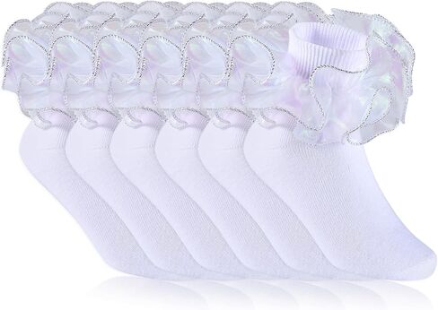 6 Pairs Girls White Ruffle Socks Toddler Big Double Shimmering Lace Turn Cuff Dress Socks in Kuwait