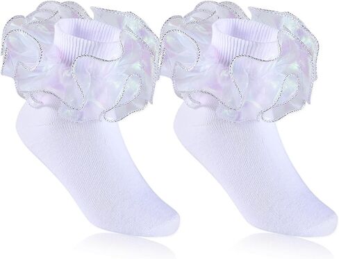 6 Pairs Girls White Ruffle Socks Toddler Big Double Shimmering Lace Turn Cuff Dress Socks in Kuwait