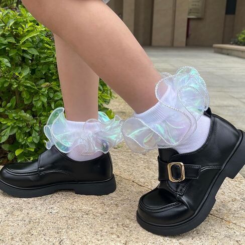 6 Pairs Girls White Ruffle Socks Toddler Big Double Shimmering Lace Turn Cuff Dress Socks in Kuwait