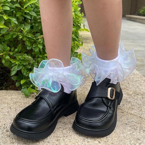 6 Pairs Girls White Ruffle Socks Toddler Big Double Shimmering Lace Turn Cuff Dress Socks in Kuwait